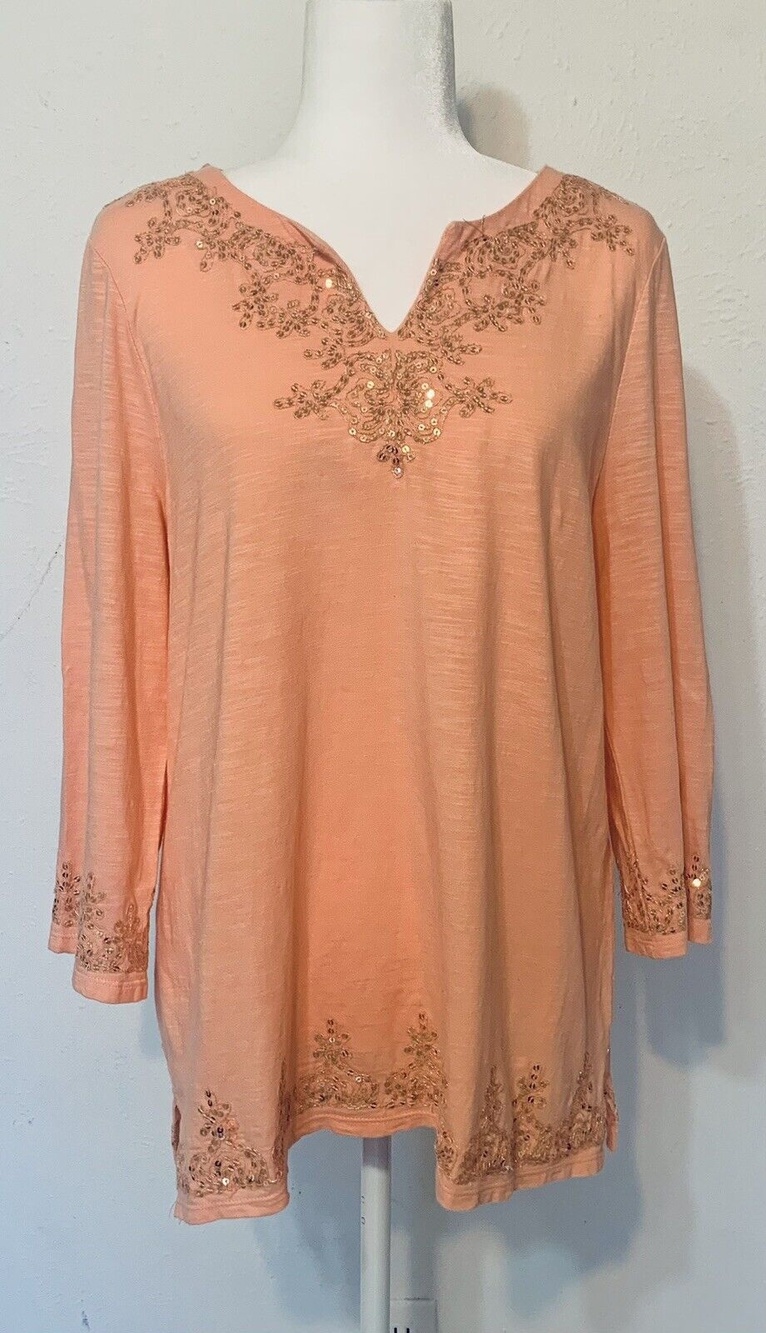 Chico's Women Size 1(US M) Embellished Gold Sequined Blouse Boho Festival